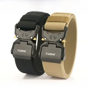 Detail of nylon tactical belts with 4.5cm quick release alloy buckles in black and khaki
