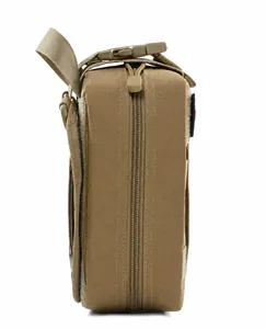 Tactical camouflage medical pouch side view with durable zipper and buckle closure