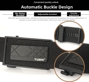 Close-up of black heavy duty nylon tactical belt with automatic metal buckle and track system