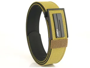 Close-up of olive green tactical nylon belt with black metal automatic buckle texture