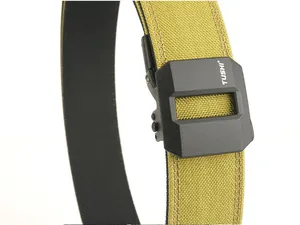 Detail of military tactical belt with heavy-duty nylon webbing and matte automatic buckle
