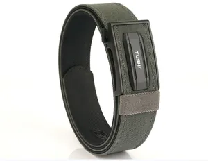 Detail of army green tactical nylon belt with automatic buckle and TUSHI brand logo