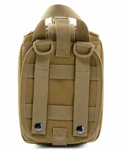 Tactical multicam emergency bag backside showing MOLLE webbing and D-rings