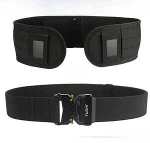 Macro detail of laser-cut MOLLE tactical belt system with quick-release metal buckle