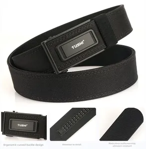 Detail of ergonomic curved automatic buckle and durable nylon tactical belt texture