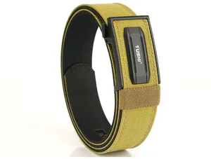 Close-up detail of TUSHI tactical automatic buckle and durable nylon woven belt texture