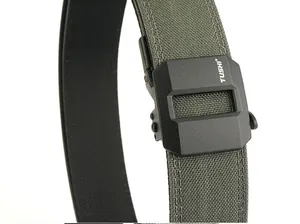 Detail of the tactical nylon belt with military green weave and matte black buckle
