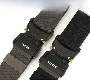 Close-up of 4.5cm nylon tactical belt with dual quick-release alloy buckle and engraved logo