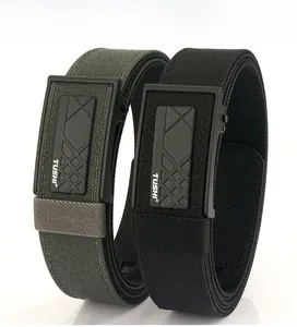 Close-up of dual-layer tactical nylon belt with automatic buckle and sturdy PE insert