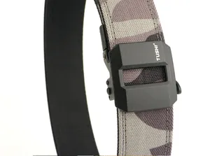 Macro detail of camouflage nylon tactical belt with a black matte automatic buckle