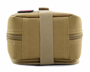 Detailed bottom view of a khaki tactical first aid bag showing durable nylon webbing