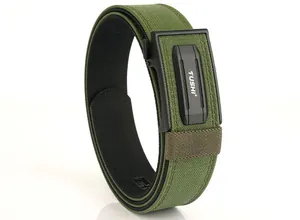Detailed close-up of double-layer tactical nylon belt with matte black mechanical buckle