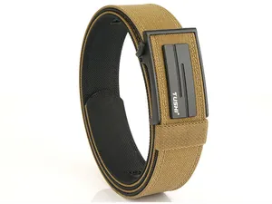 Detail of khaki nylon tactical belt featuring a black automatic buckle and textured weave