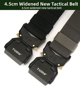 Detail of 4.5cm nylon tactical belt showing quick-release alloy buckle in black and gray
