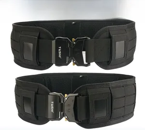 Detail of laser-cut molle tactical belt with quick-release metal buckle and breathable mesh