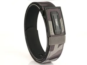 Close-up of durable camo nylon tactical belt featuring black automatic slide buckle