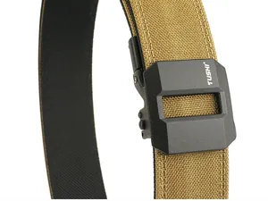 Detail of khaki tactical nylon belt showing heavy-duty quick release buckle and tushi logo