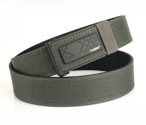 Detail of olive green tactical nylon belt with black zinc alloy quick release buckle