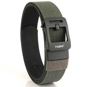 Army green tactical nylon belt with a black quick-release buckle for men