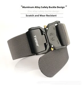 Close-up of tactical nylon belt featuring black aluminum alloy quick release safety buckle