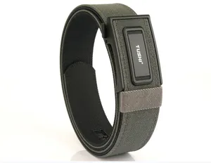 Close-up of tactical nylon belt with durable matte black automatic buckle and brand logo