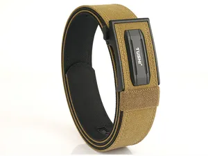 Close-up of wolf brown nylon tactical belt with black automatic buckle and precise stitching