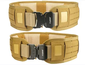 Detail of coyote brown tactical belt with laser-cut MOLLE system and quick-release buckle