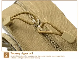 Macro view of durable dual zippers with tactical paracord pulls on khaki nylon bag