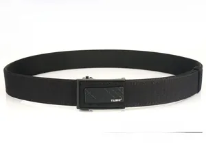 Detail of matte black tactical metal automatic buckle on heavy-duty nylon belt