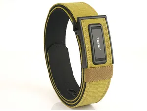 Detail of army green nylon tactical belt showing the durable weave and automatic buckle