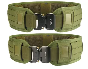 Close-up of laser-cut MOLLE tactical belt with quick-release metal buckle and mesh padding