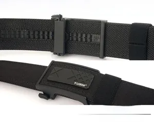 Detailed macro view of tactical nylon belt with automatic buckle and serrated adjustment