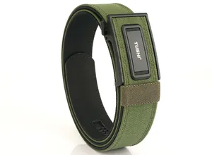 Close-up of the military green nylon tactical belt with a textured black buckle detail