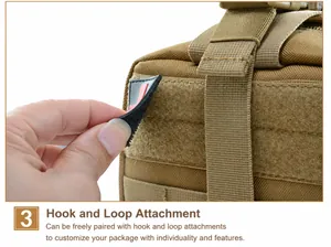 Detail of tactical first aid bag showing Velcro panel with red cross patch and durable nylon