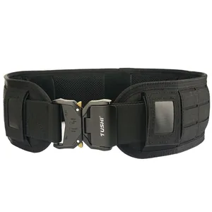Detail of laser-cut MOLLE tactical belt with quick-release metal buckle and mesh lining