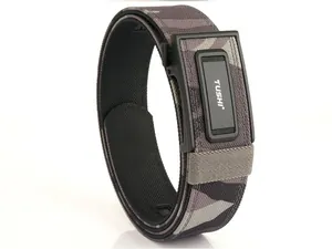 Detail of gray camouflage tactical nylon belt with a black automatic metal buckle