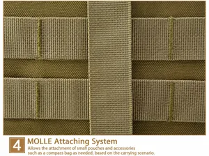 Detail of tactical backpack MOLLE system with nylon webbing and compass for outdoor gear