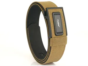 Detail of tan nylon tactical belt featuring a black automatic buckle and TUSHI logo