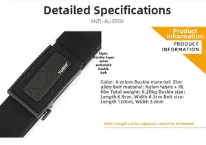 Detailed size chart for black double-layer nylon tactical belt with zinc alloy buckle