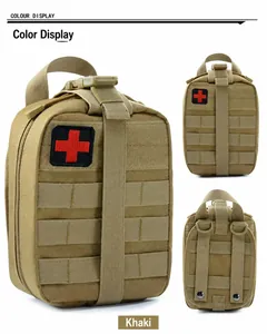 Detailed views of khaki tactical medical pouch with MOLLE system and red cross patch