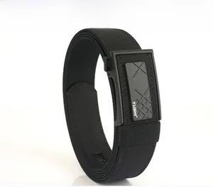 Close-up of a heavy-duty black tactical nylon belt with a matte automatic buckle