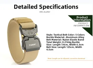 Detailed specs of khaki nylon tactical belt with dual quick-release aluminum alloy buckle