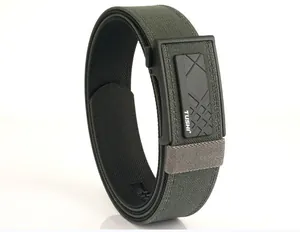 Close-up of military green tactical nylon belt with black automatic buckle and TUSHI logo