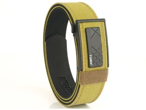 Detail of army green nylon tactical belt with black automatic buckle and TUSHI logo