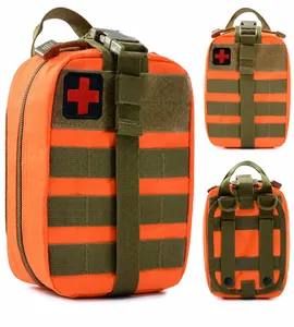 Detailed views of orange tactical medical pouch with MOLLE webbing and cross patch