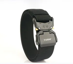 Detail of a 45mm heavy-duty quick release aluminum buckle on a black nylon tactical belt