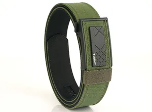 Close-up of military green tactical nylon belt with black automatic buckle and TUSHI logo