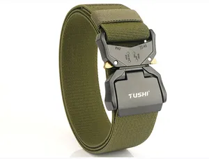 Close-up of military green nylon tactical belt with quick-release 12kN alloy buckle