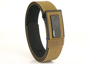 Detailed close-up of khaki tactical nylon belt with black textured alloy automatic buckle