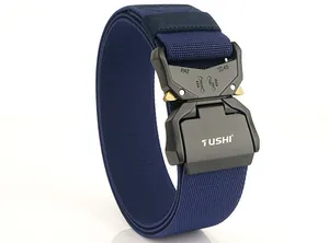 Close-up of quick-release alloy buckle and navy nylon woven tactical belt details